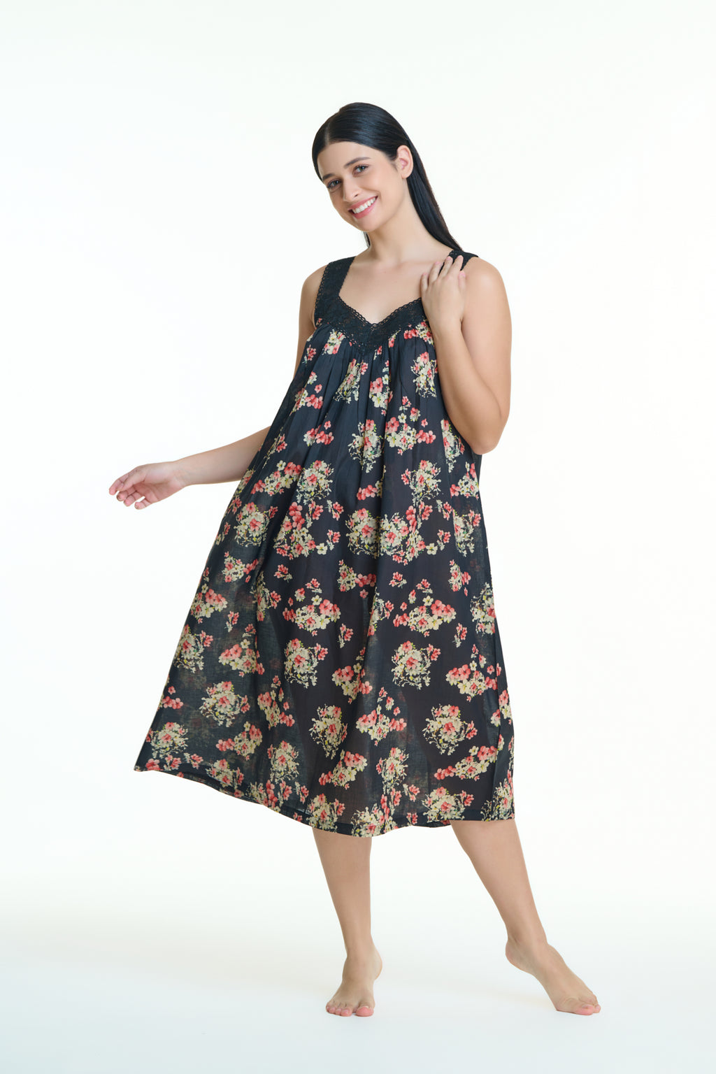 Maya 100% Cotton Nightie - Black Floral
