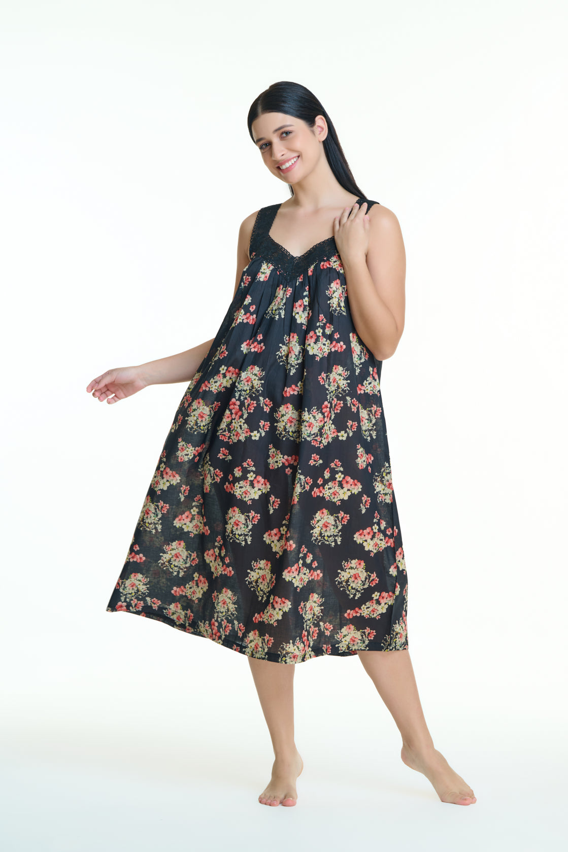 Maya 100% Cotton Nightie - Black Floral