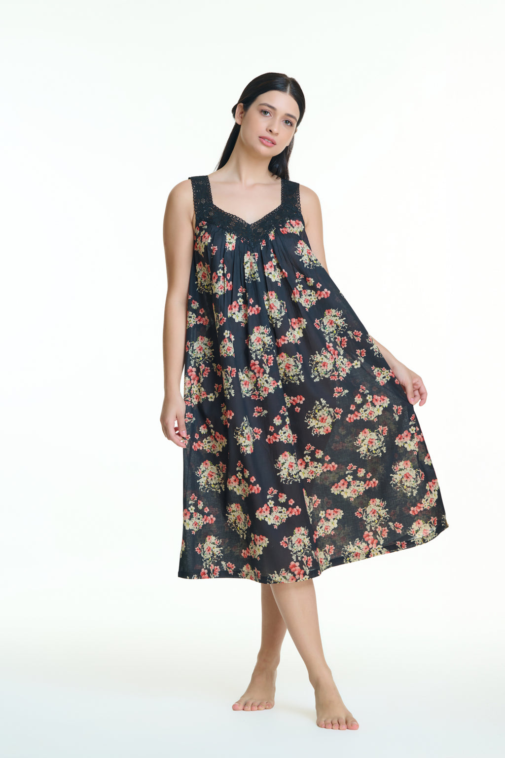 Maya 100% Cotton Nightie - Black Floral