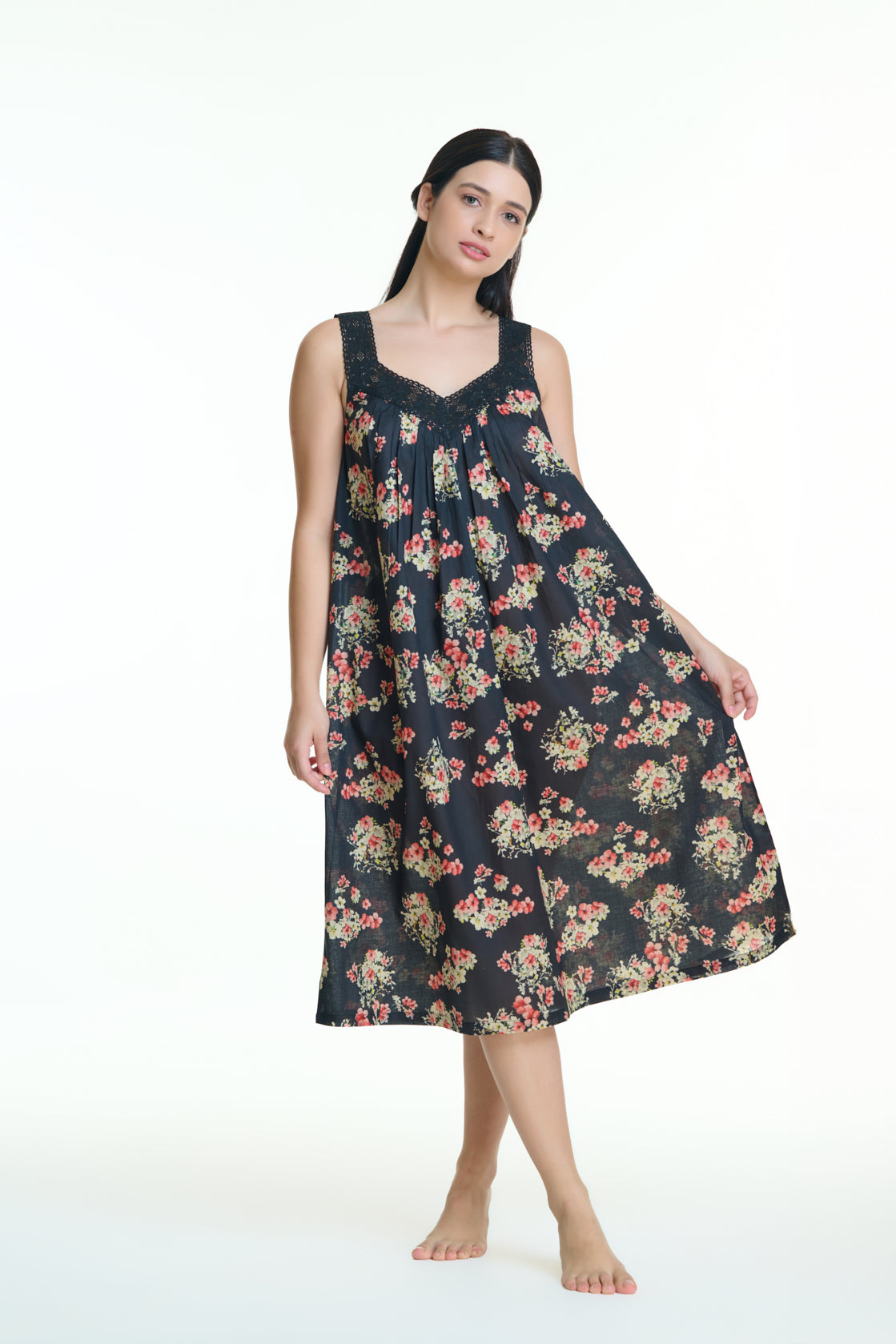 Maya 100% Cotton Nightie - Black Floral