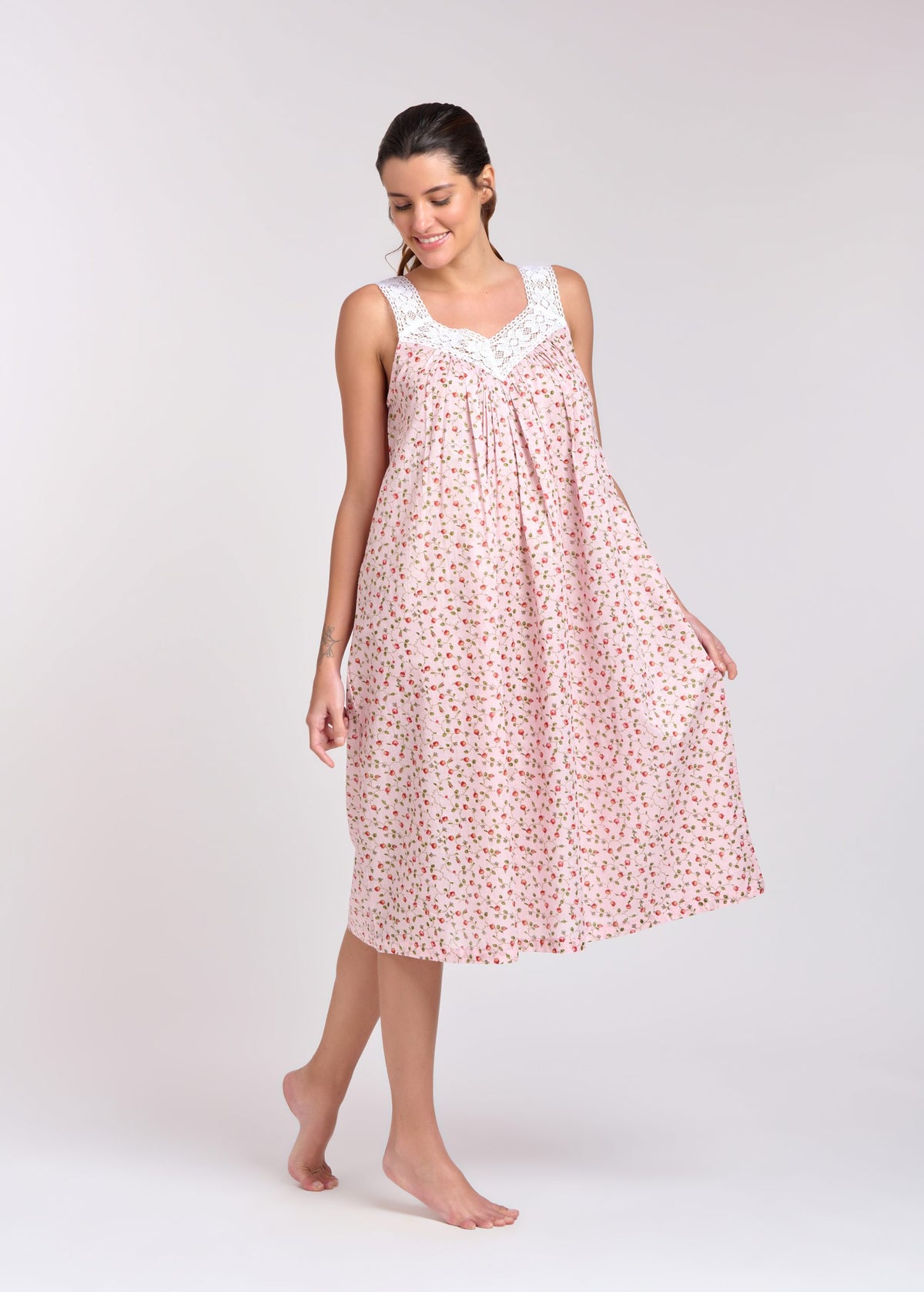 Long Arabella cotton voile nightie with pink floral vine pattern