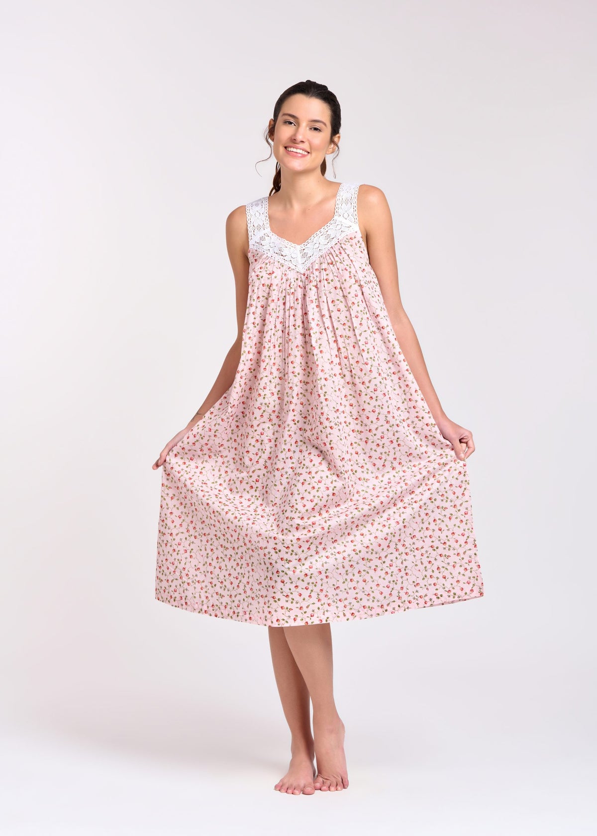 Arabella V-neck laced nightie in pink floral hand block print