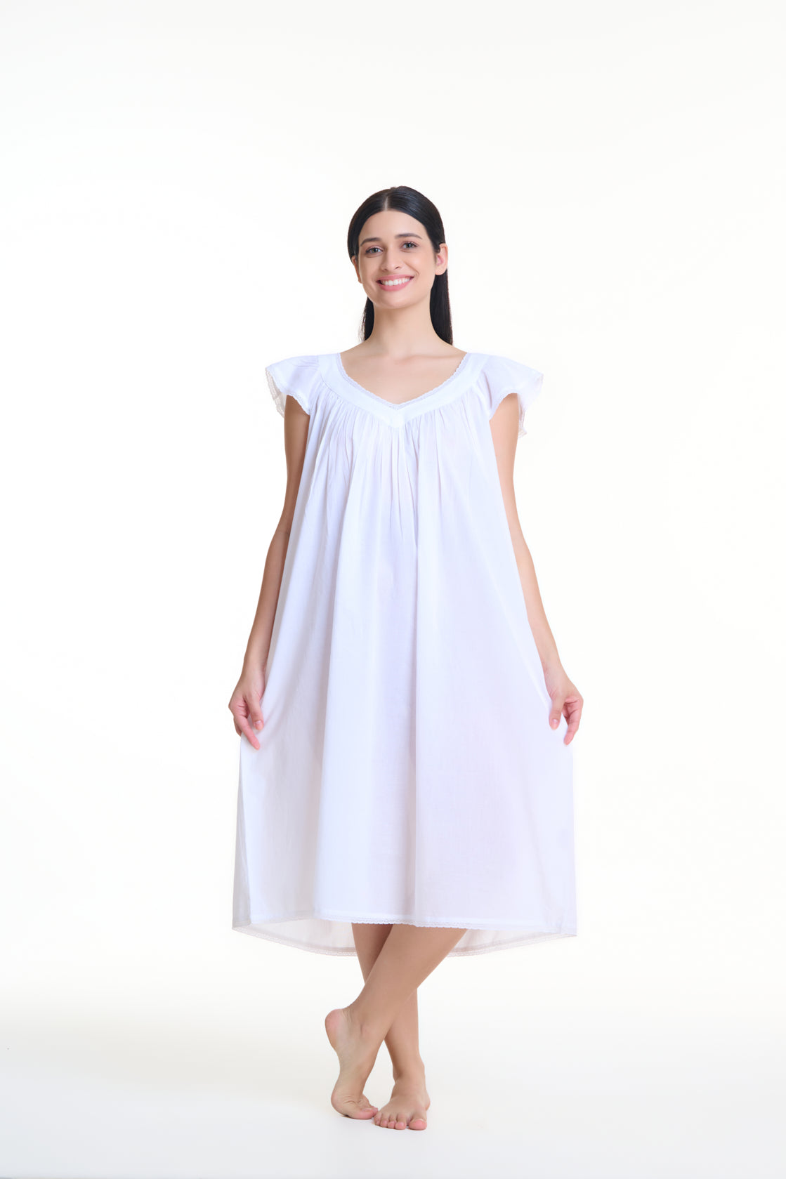 Cora 100% Cotton Capped Sleeve Nightie - White