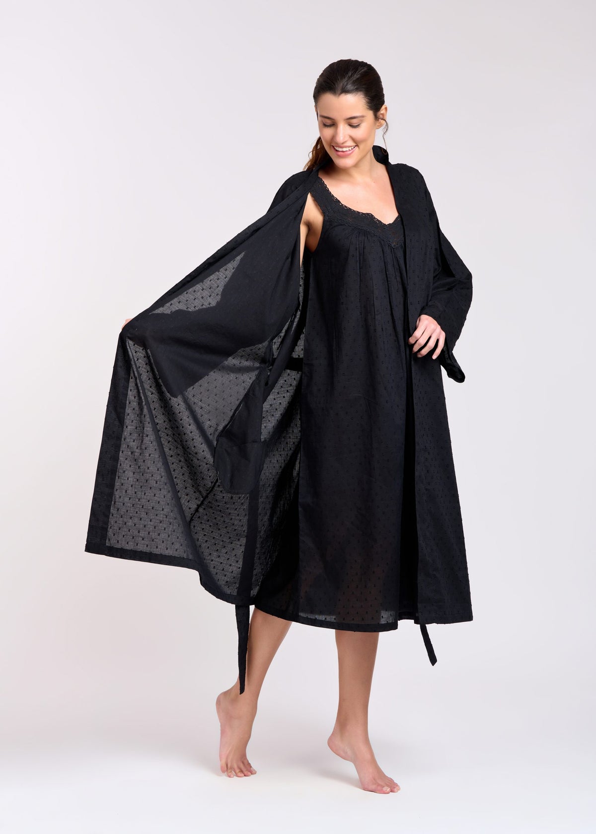 Rita 100% Cotton Black Dressing Gown | One Size
