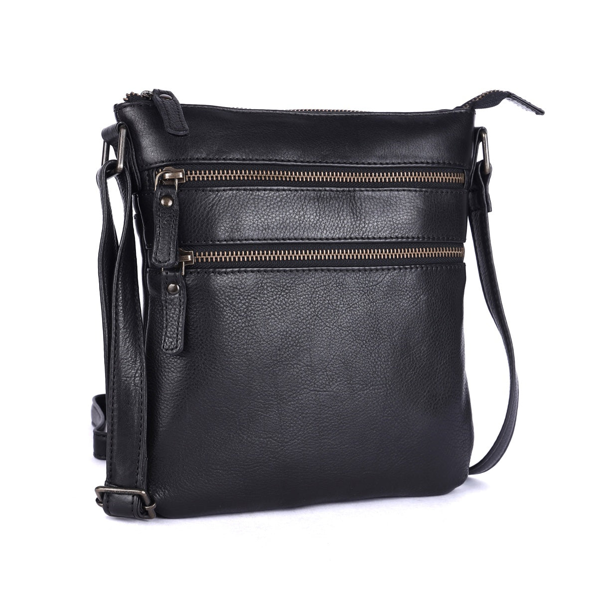 Rugged Hide Leather Zip Shoulder Bag - Lotus Black