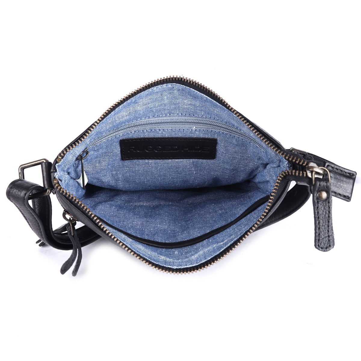 Rugged Hide Leather Zip Shoulder Bag - Lotus Black