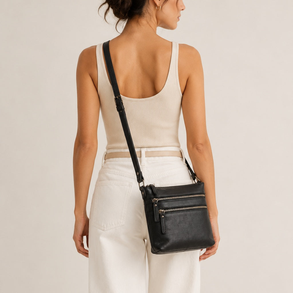 Rugged Hide Leather Zip Shoulder Bag - Lotus Black
