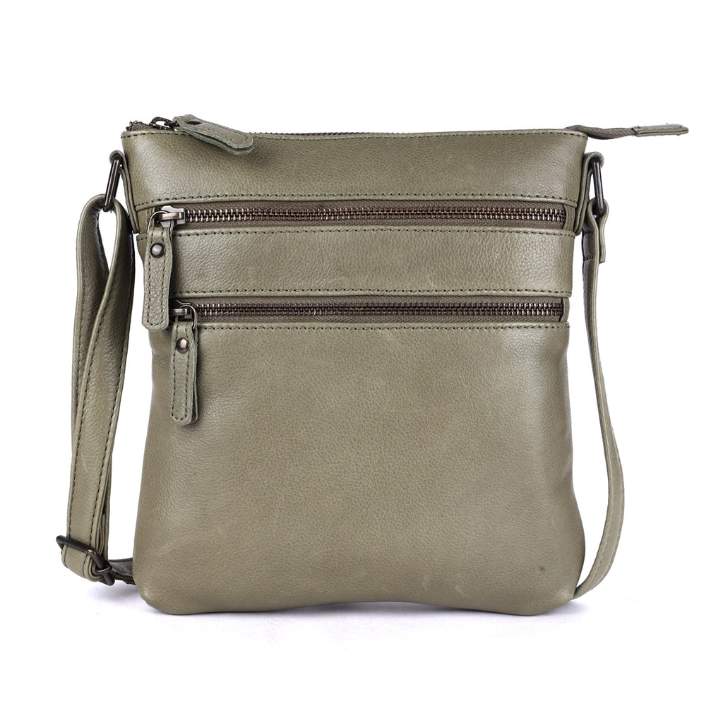 Rugged Hide Leather Zip Shoulder Bag - Lotus Olive