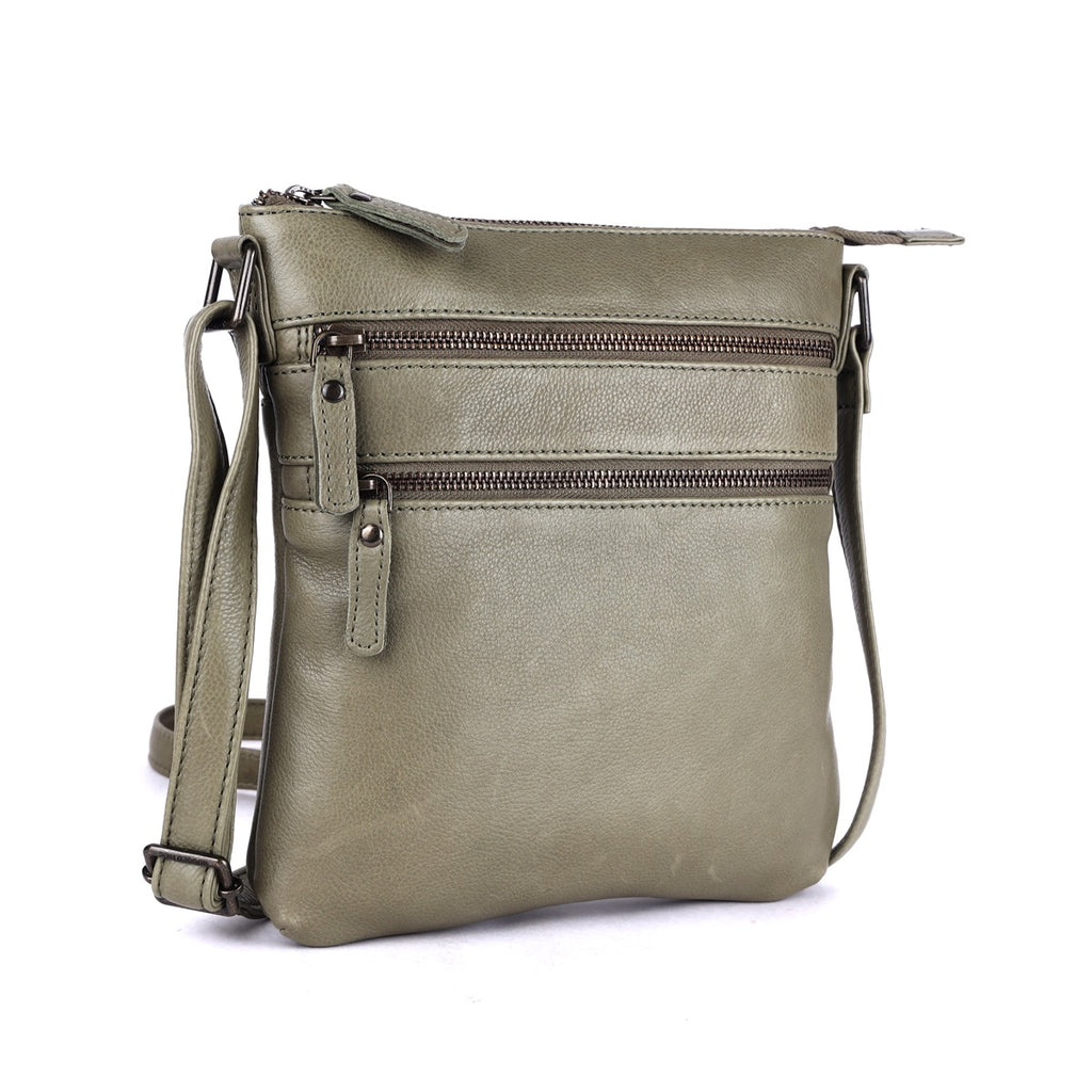Rugged Hide Leather Zip Shoulder Bag - Lotus Olive