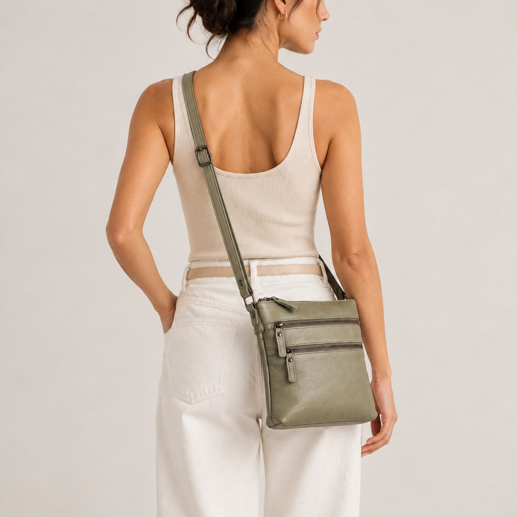Rugged Hide Leather Zip Shoulder Bag - Lotus Olive