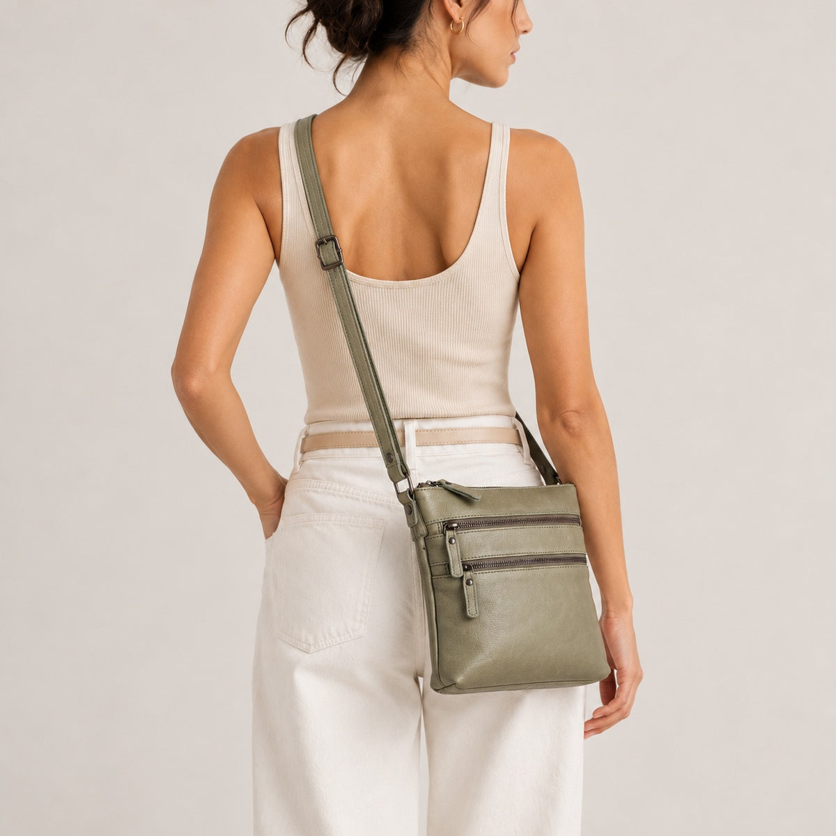 Rugged Hide Leather Zip Shoulder Bag - Lotus Olive