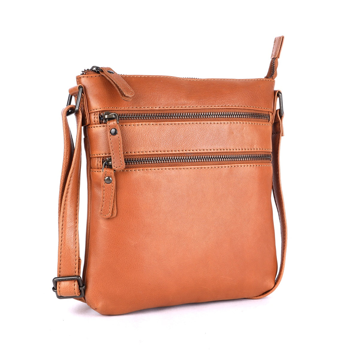 Rugged Hide Leather Zip Shoulder Bag - Lotus Tan