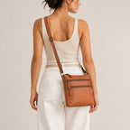 Rugged Hide Leather Zip Shoulder Bag - Lotus Tan