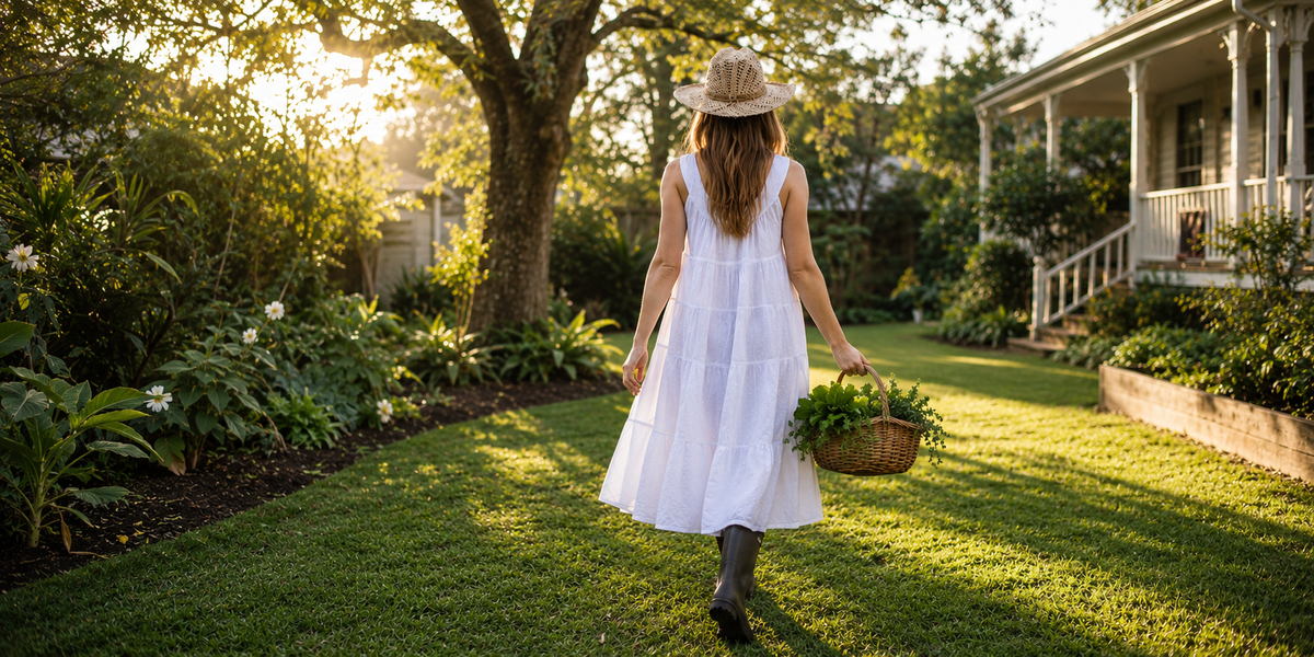 Woman walking in garden with 100% cotton white dress, gumboots and sunhat