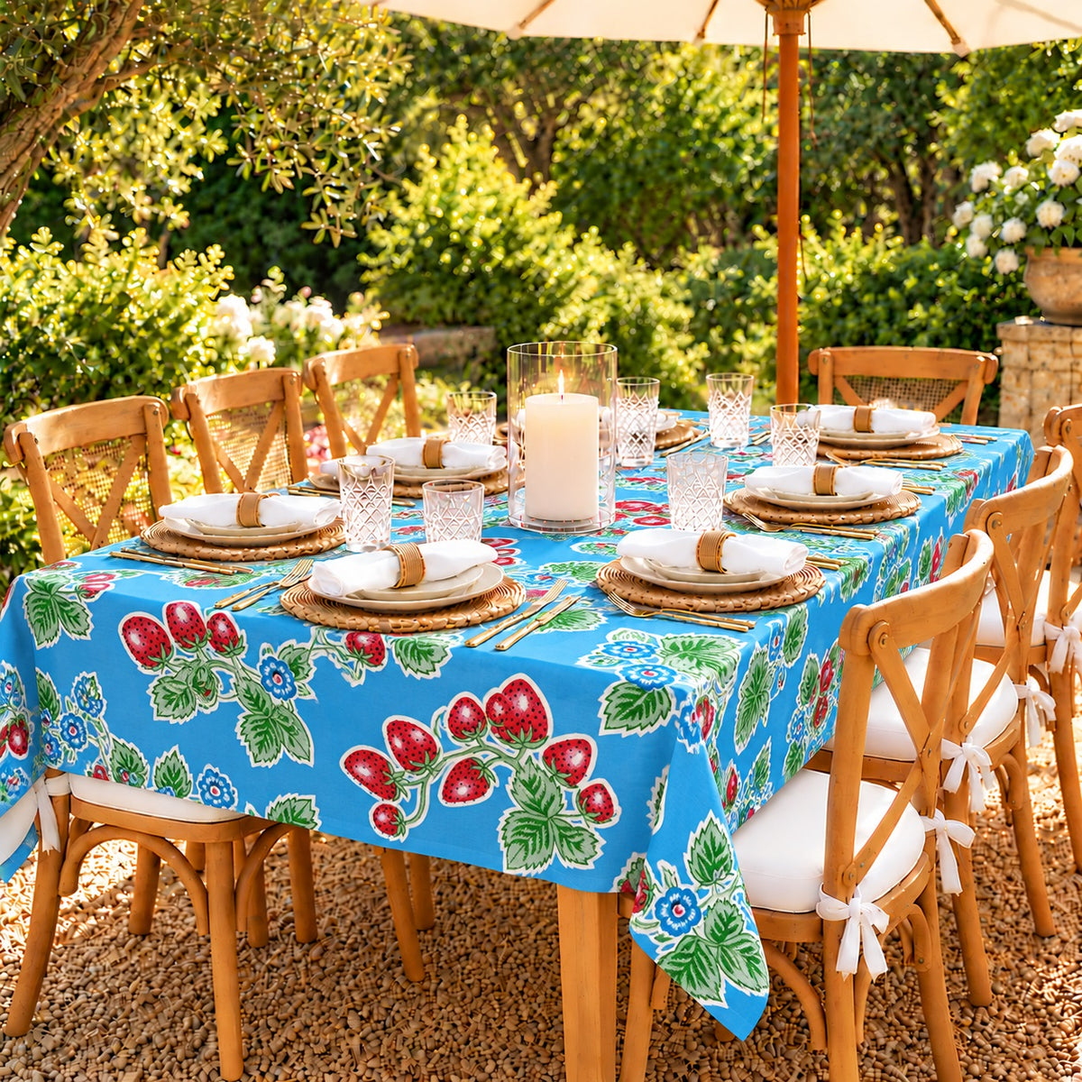 Mexican Oilcloth Tablecloth – Rectangle 120cm x 250cm - Blue-Strawberry