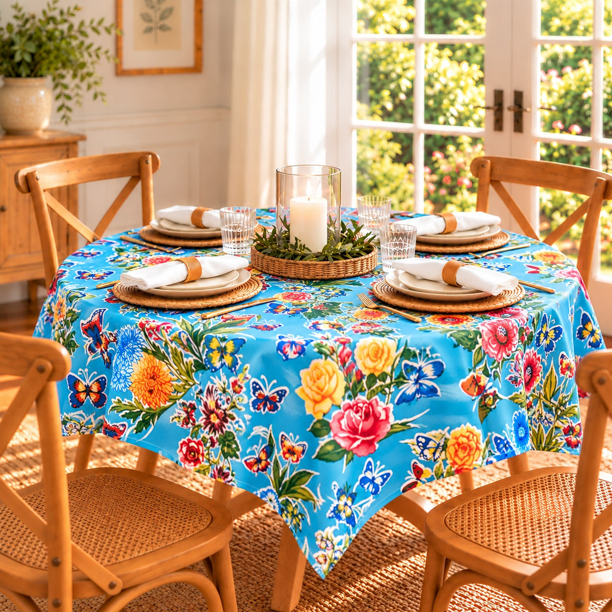 Mexican Oilcloth Tablecloth – Square 120cm x 120cm - Butterfly Blue