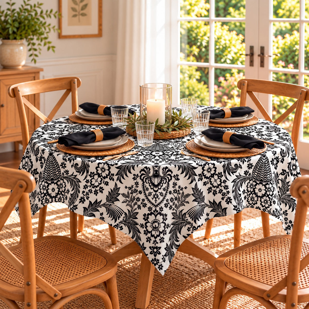 Mexican Oilcloth Tablecloth – Square 120cm x 120cm - Eden Black