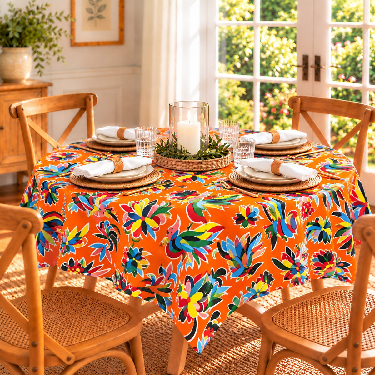 Mexican Oilcloth Tablecloth – Square 120cm x 120cm - Otami Orange