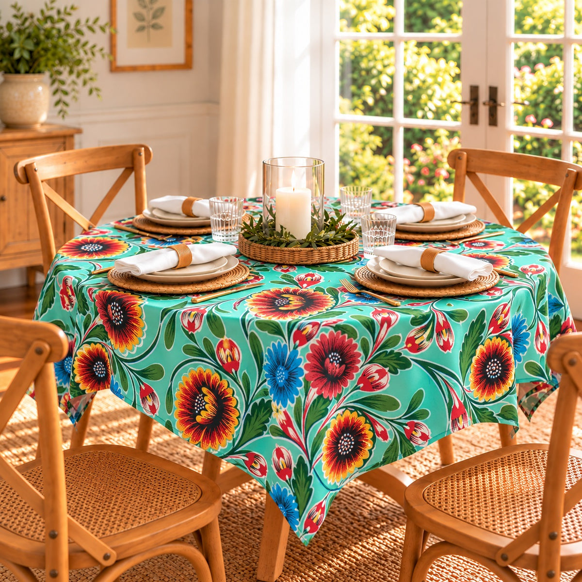 Mexican Oilcloth Tablecloth – Square 120cm x 120cm - Sweet Flower Mint