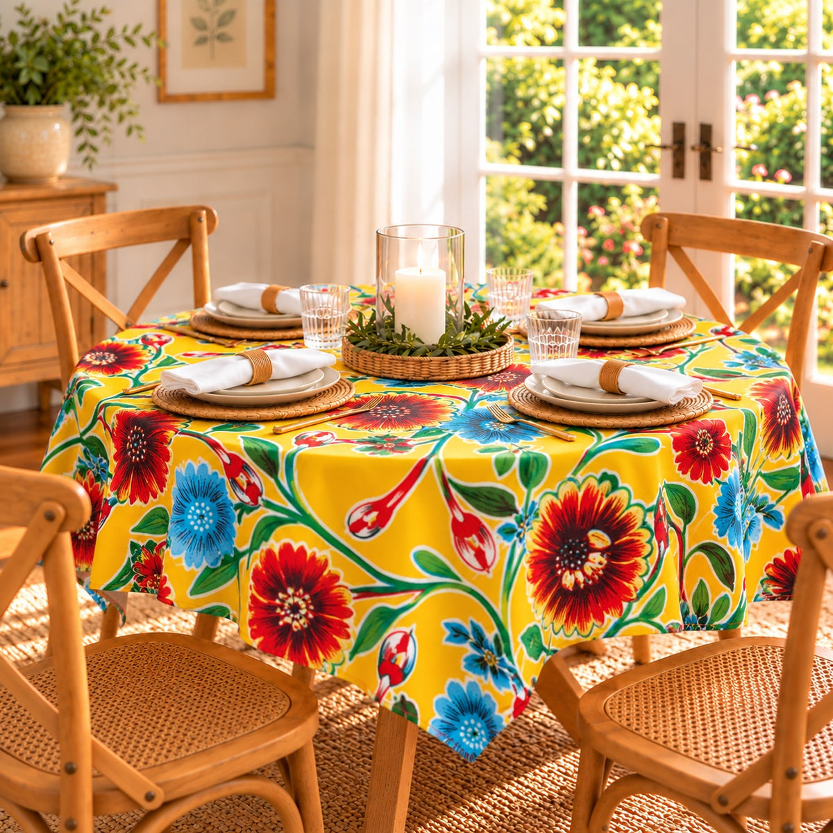 Mexican Oilcloth Tablecloth – Square 120cm x 120cm - Sweet Flower Yellow