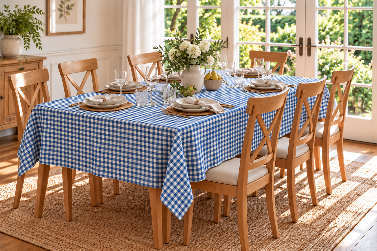 European Linen Stain Resistant Rectangle Tablecloth – 150x250cm Navy Check