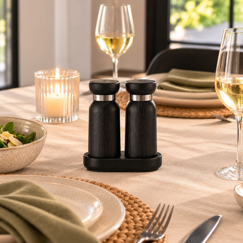 Bayeux Wood Salt and Pepper Grinder Set - Adjustable Ceramic Mechanism - Black