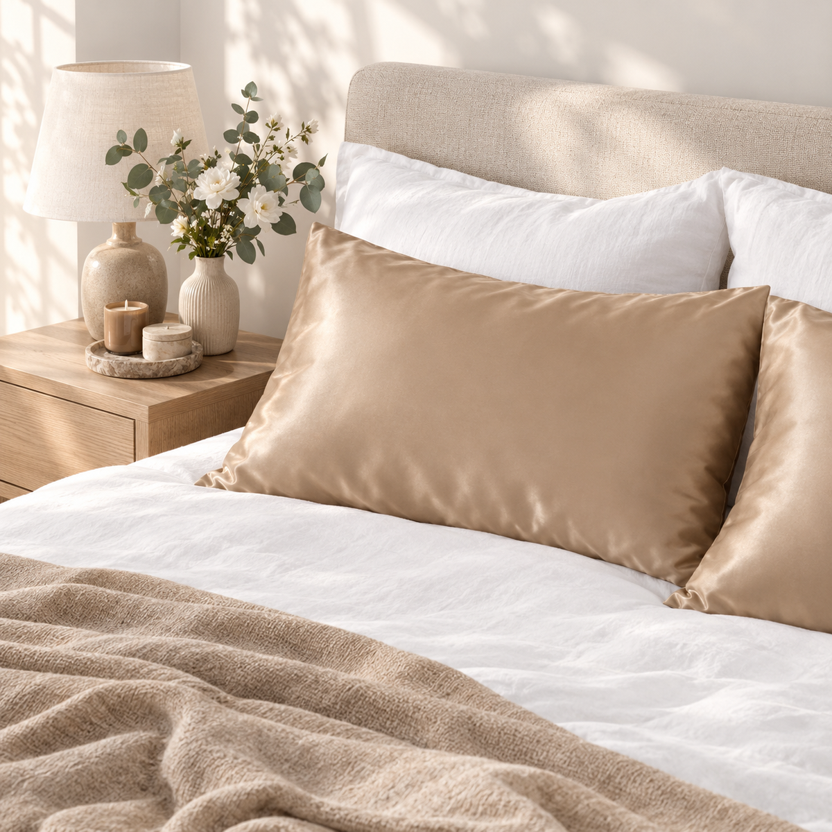 A styled bed with white bedding and two 100% silk gold pillows, alongside a beige textured throw blanket, a wooden nightstand, a lamp, and a vase of flowers in a softly lit room.