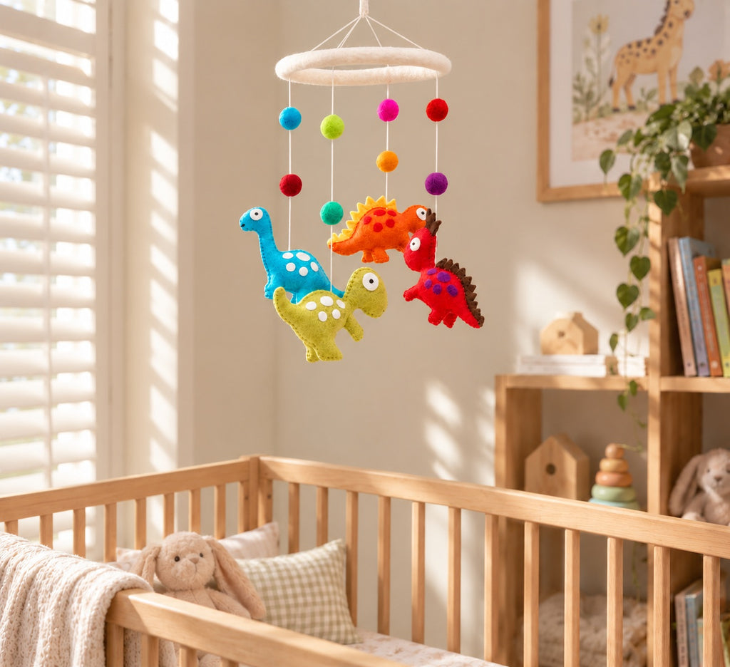 Handmade Felt Nursery Cot Mobile -Dinosaurs