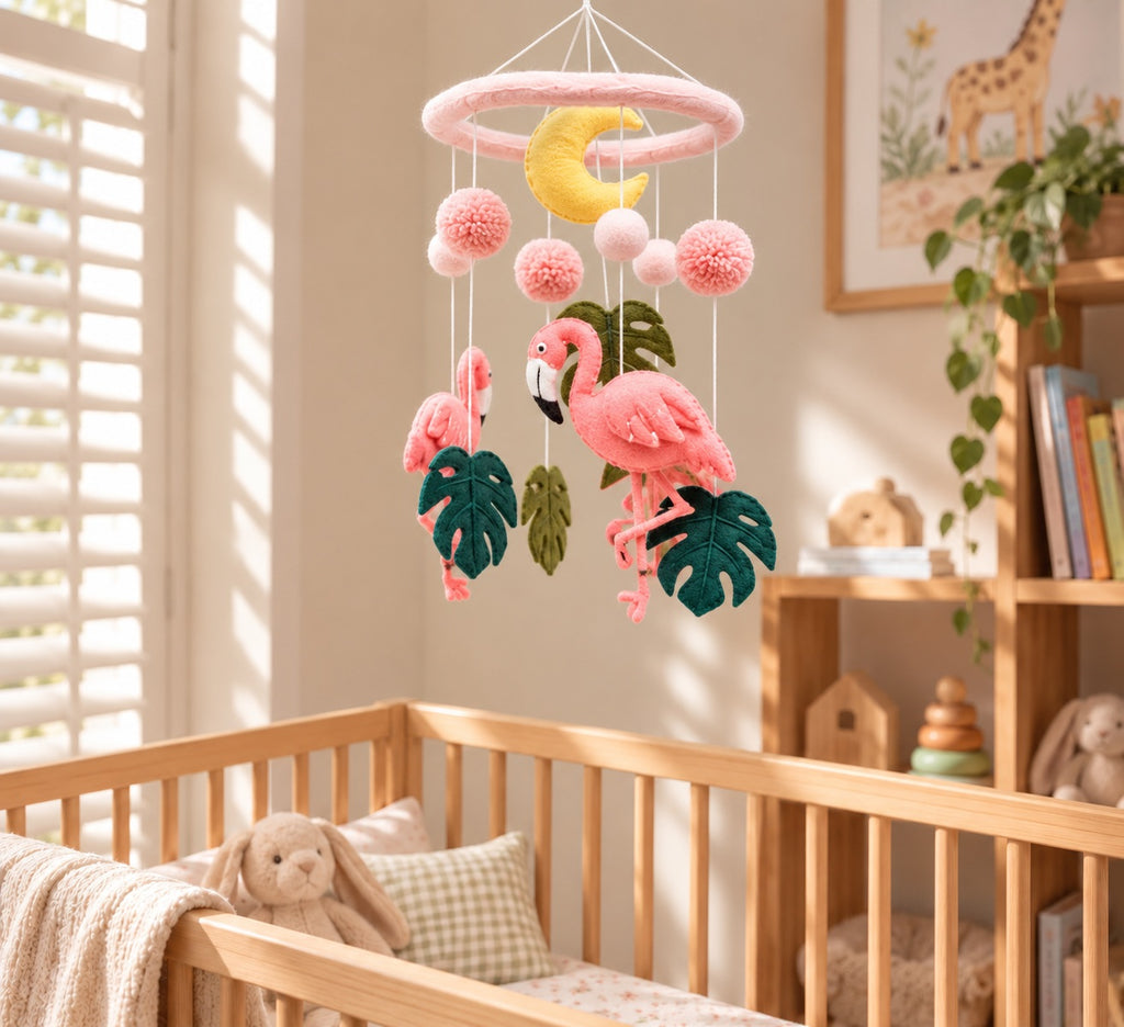 Handmade Felt Nursery Cot Mobile - Pink Flamingo Tiki
