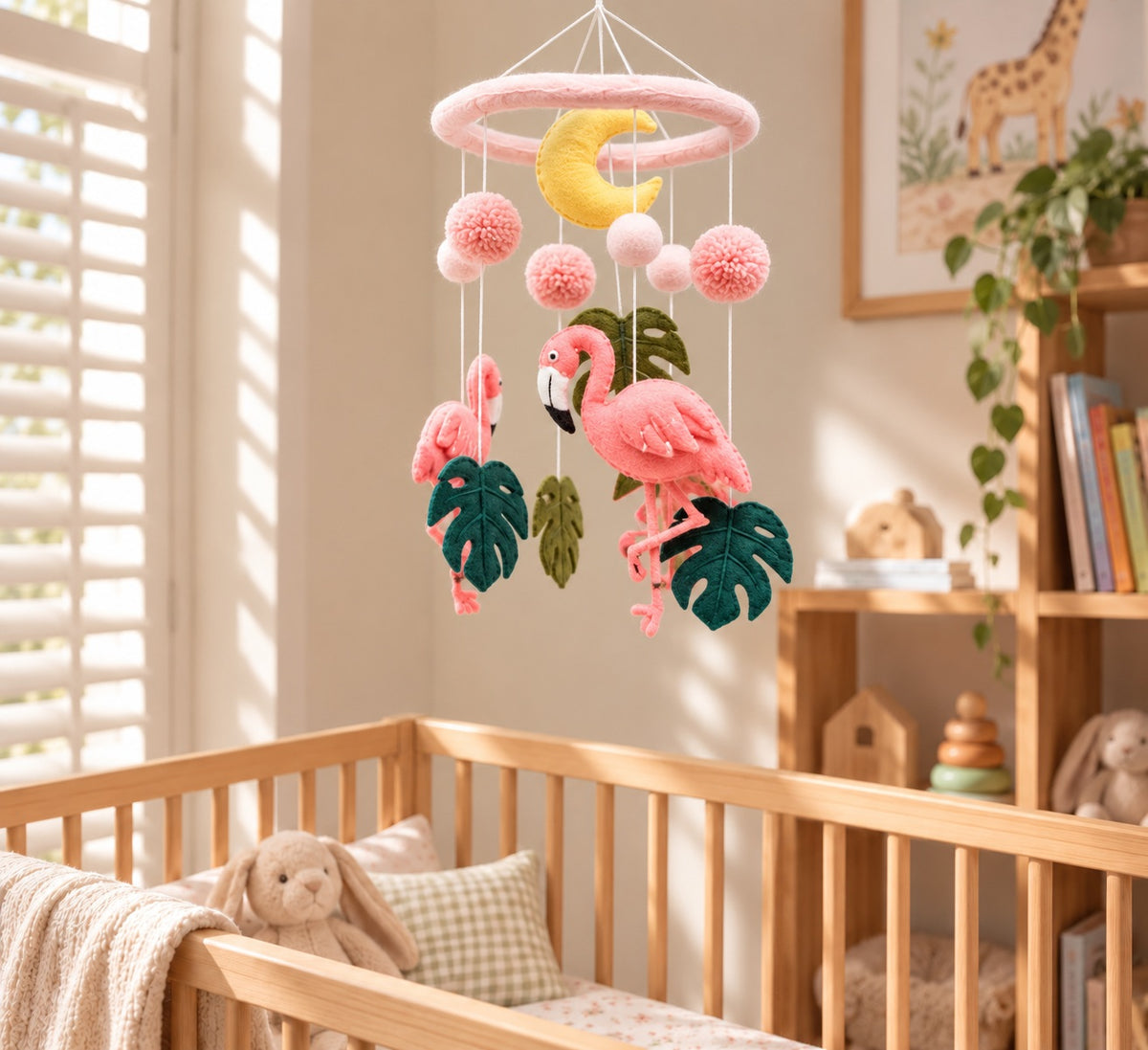 Handmade Felt Nursery Cot Mobile - Pink Flamingo Tiki