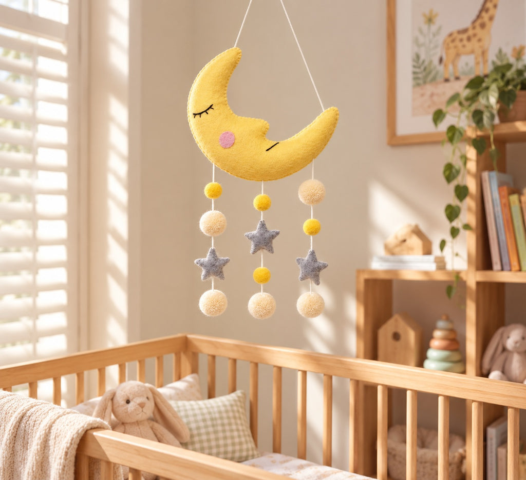 Handmade Felt Nursery Cot Mobile - Moon & Stars