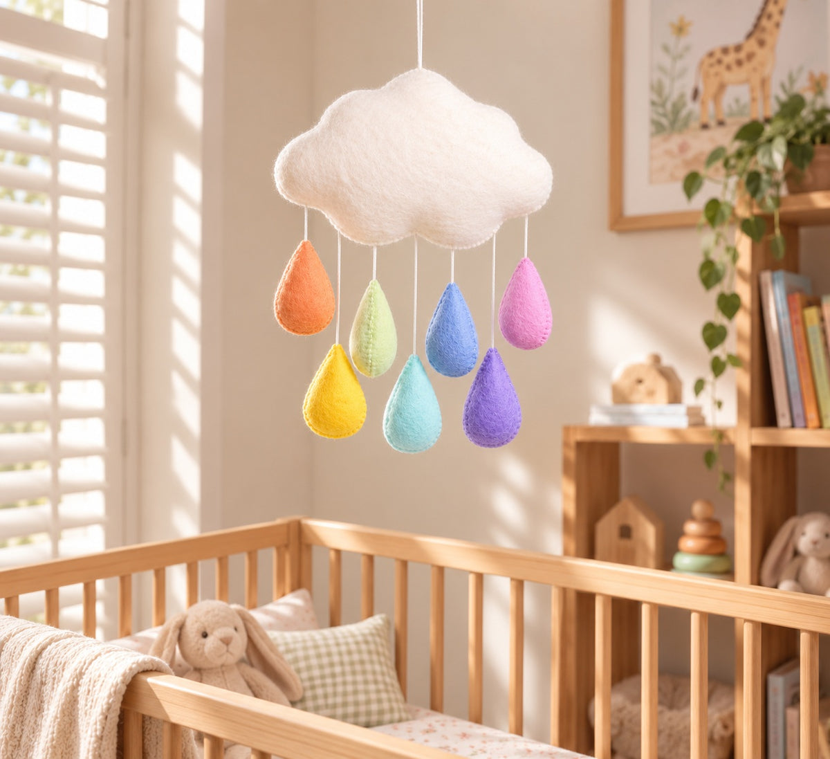 Handmade Felt Nursery Cot Mobile - Pastel Rainbow Drops